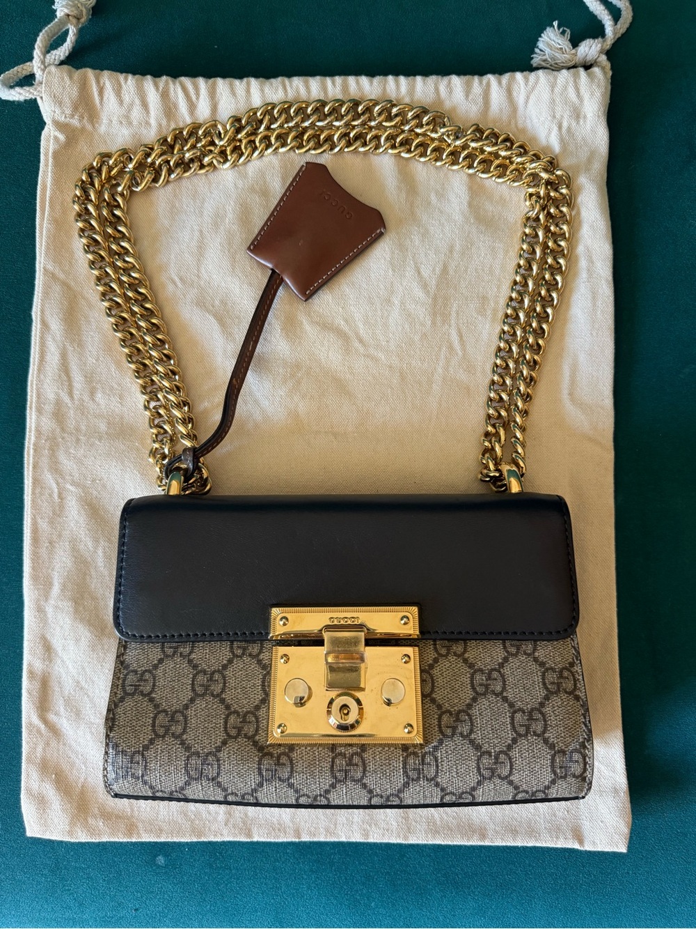Gucci Beige GG Supreme Canvas and Black Leather Crossbody with Gold Chain